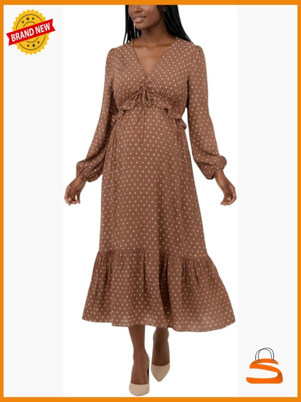 V-Neck Long Puff Sleeve Ruffle Midi Pregnancy Dress Maternity